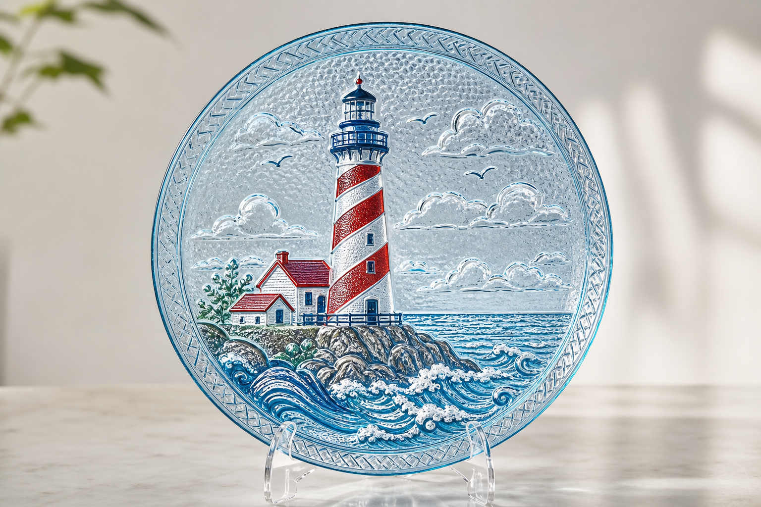 Peggy Karr fused glass plate with striped lighthouse and ocean scene